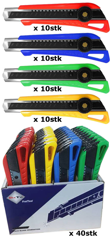 BATO Knife snap-off 18mm. Med screw lock. Yellow/green/red/blue. 40 parts display