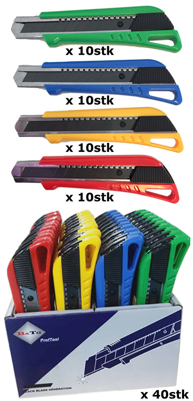 BATO Knife snap-off 18mm. Witg quick lock. Yellow/green/red/blue. 40 parts display
