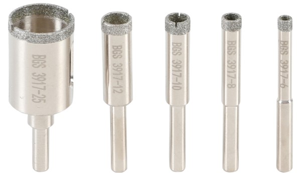 BGS Diamant borsæt 6,3mm. 6-8-10-12-25mm. Glas, keramiske fliser, marmor osv. 5 dele