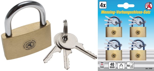 BGS Messing hængelås 40mm med 3 nøgler 4 stk pk.