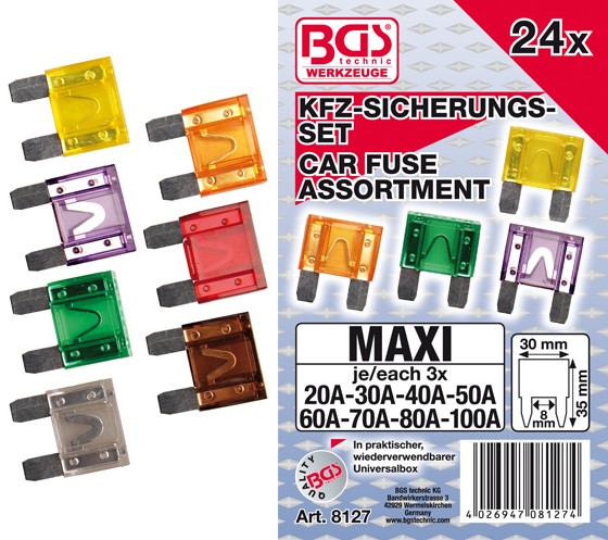 BGS Sikringssortiment MAXI 20-30-40-50-60-70-80-100 amp. 24 dele