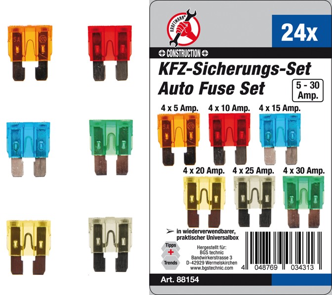 BGS Sikringssortiment STD 5-10-15-20-25-30 amp. 24 dele