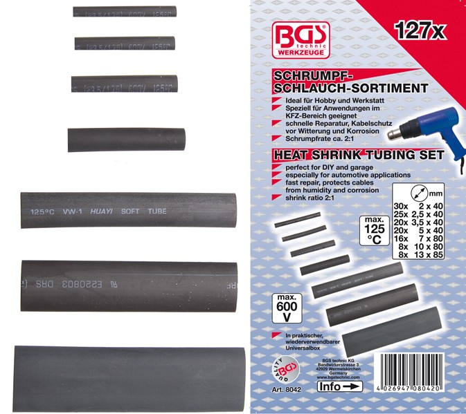 BGS Krympeflexsortiment sort 2-13mm. 127 dele