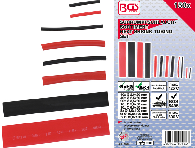 BGS Shrink tube assortment black/red 2-13mm. 150 pcs.
