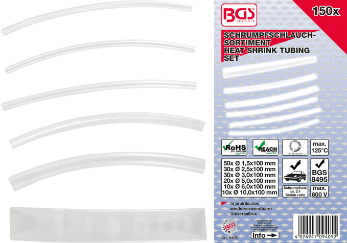 BGS Shrink tube assortment transparent 1,5-10mm. 150 pcs.