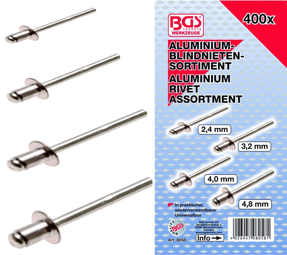 BGS Nittesortiment alu 2,4-3,2-4,0-4,8mm. 400 dele