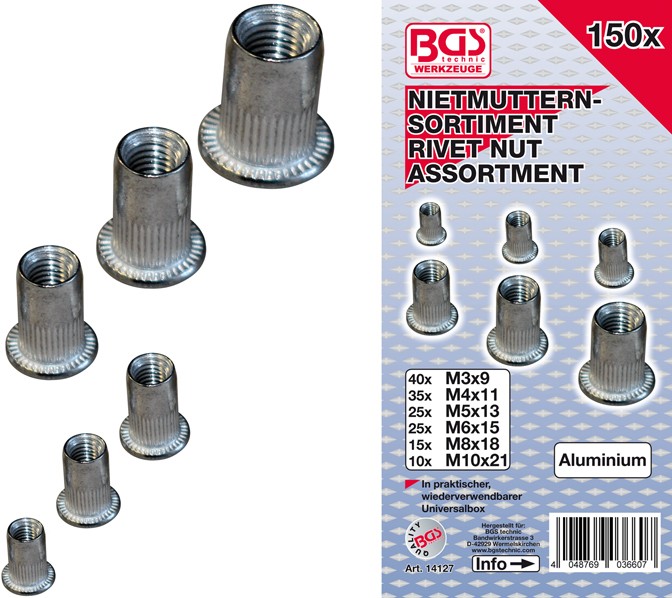 BGS Gevindnitte sortiment alu 3-4-5-6-8-10mm. 150 dele