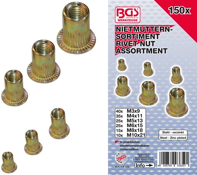 BGS Gevindnitte sortiment galvaniseret stål 3-4-5-6-8-10mm. 150 dele