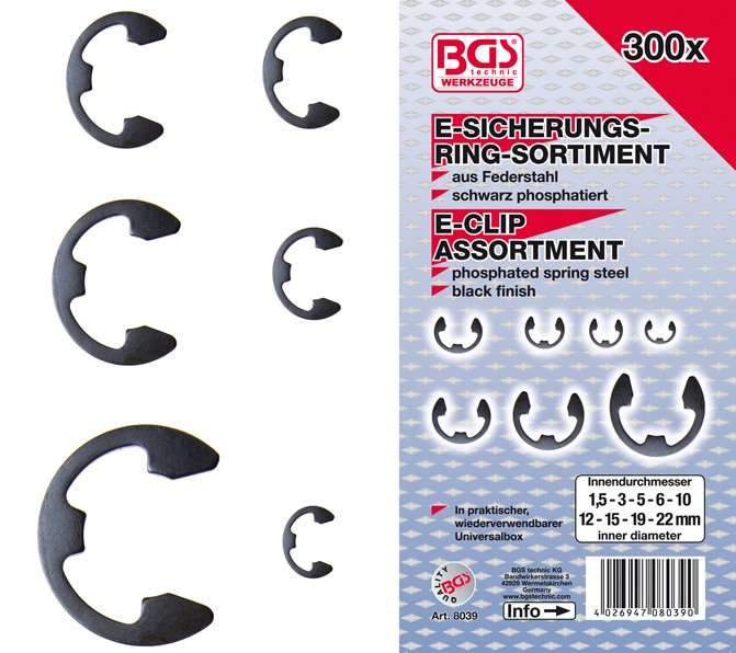 BGS Hestesko E-låseclipssortiment 1,5-22mm. 300 dele