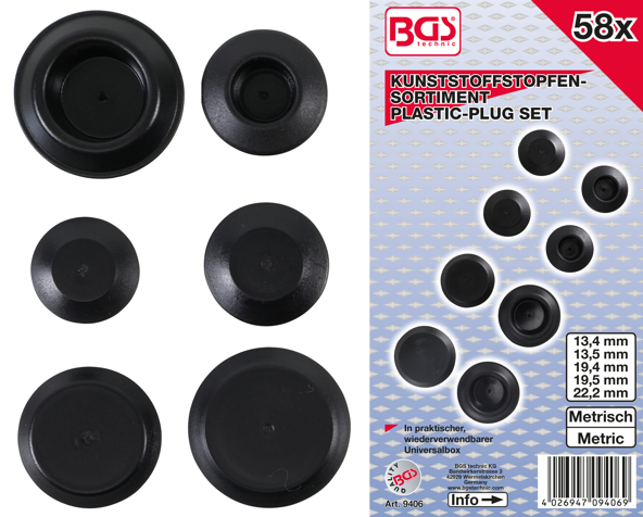BGS Plastic plug assortment 10-13,4-13,5-19,4-19,5-22-2mm. 58 pcs.