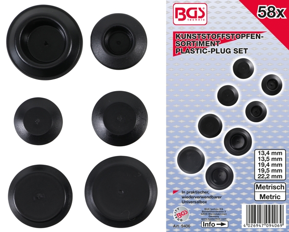 BGS Kunststofpropsortiment 10-13,4-13,5-19,4-19,5-22-2mm. 58 dele