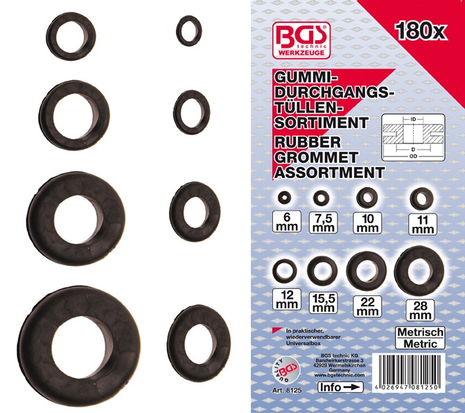 BGS Gummiringsgennemføringsortiment Ø6-Ø22mm. 180 dele