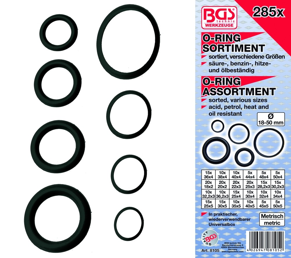 BGS O-ring assortment 18-50mm. 285 pcs.