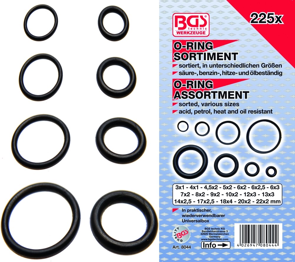 BGS O-ring assortment 3-22mm. 225 pcs.