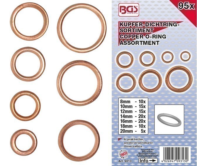 BGS Copper O-ring assortment 4-20mm. 95 pcs.