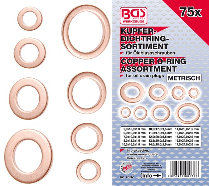 BGS Copper seal ring assortment 5-17,5mm. 75 pcs.
