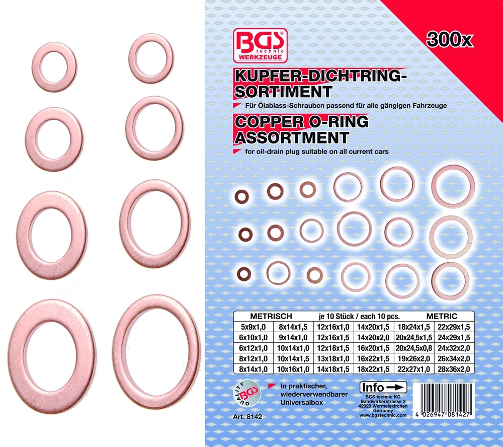 BGS Kobber pakningsringesortiment 5-28mm. 300 dele