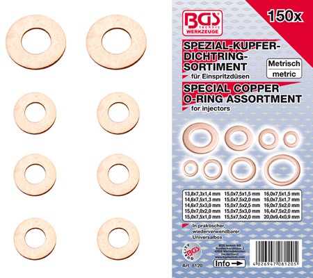 BGS Copper injector copper ring assortment 13,8-20mm. 150 pcs.