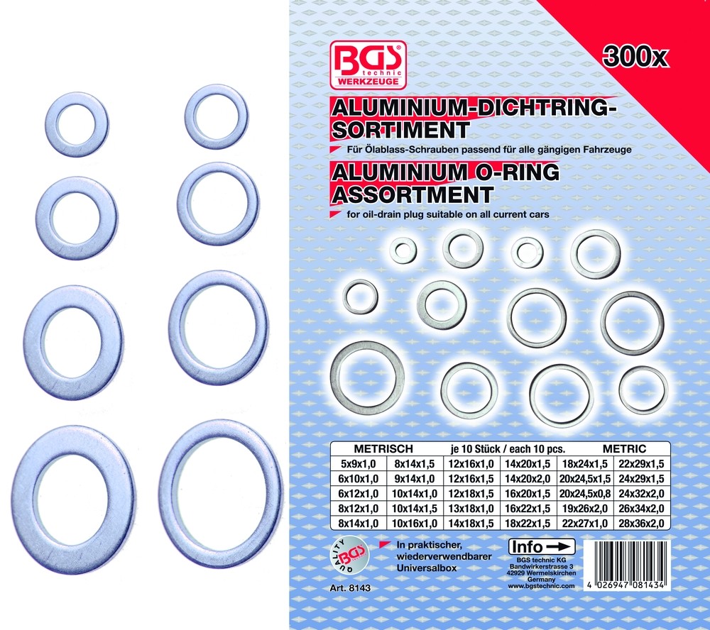 BGS Alu pakningsringesortiment. 300 dele