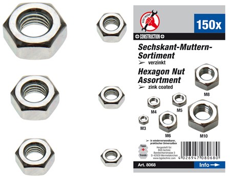 BGS Møtriksortiment A3 stål. 3-4-5-6-8-10mm. 150 dele
