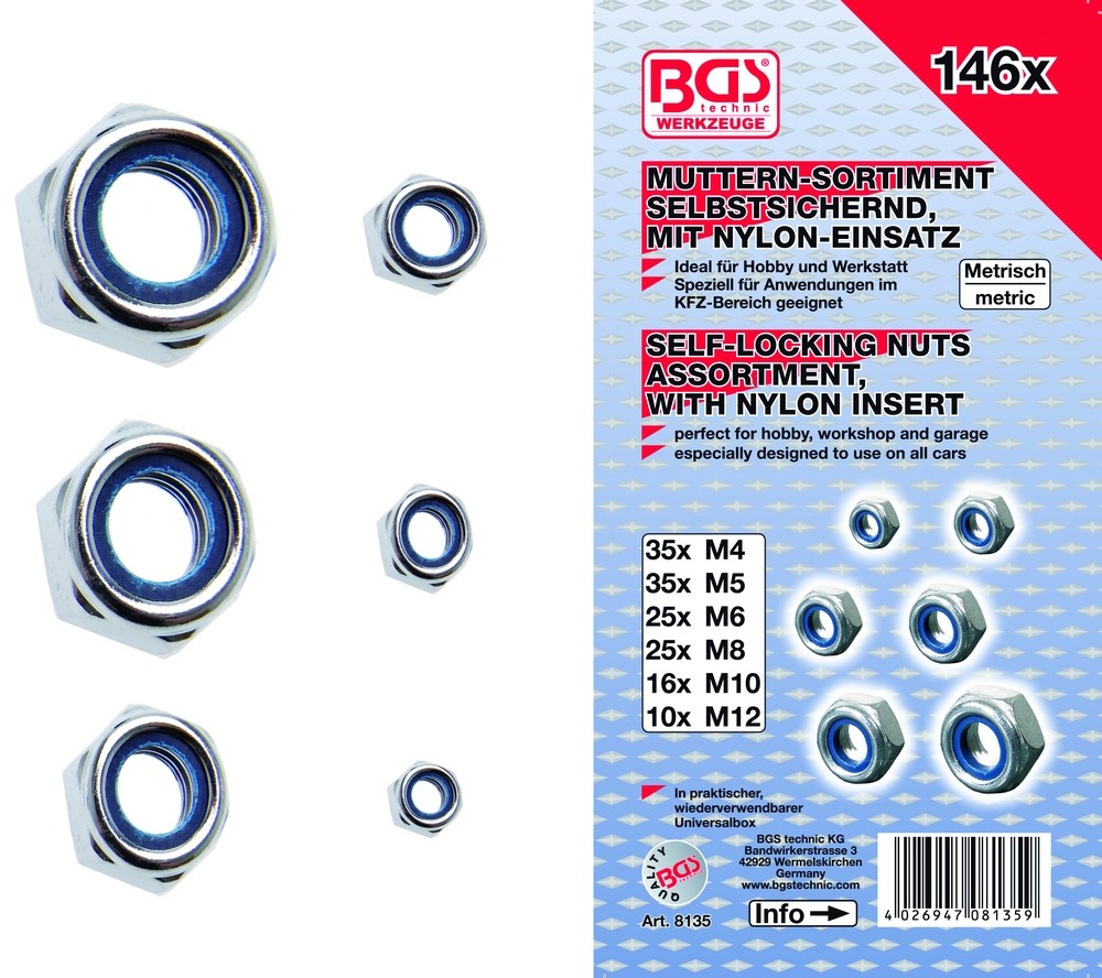 BGS Hexagon nut assortment 4-5-6-8-10-12mm. 146 pcs.