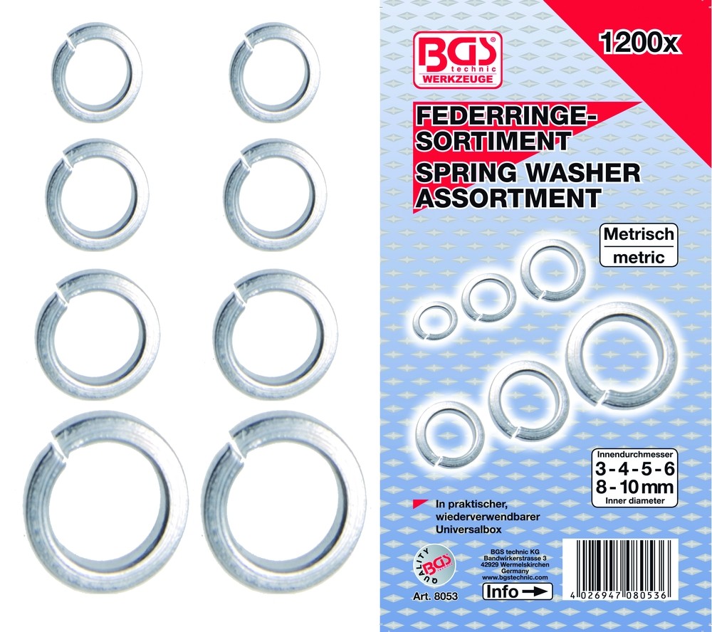 BGS Fjederspændeskivesortiment 3-4-5-6-8-10mm. 1200 dele