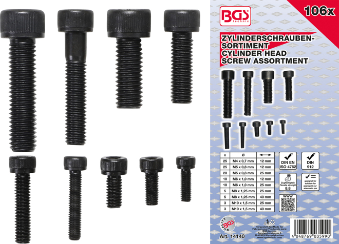 BGS Cylinder head screw assortment hexagont. 4-5-6-8-10mm. 106 pcs.