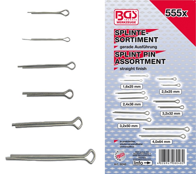 BGS Splint pin assortment Ø1,6-4,0mm. 555 pcs.
