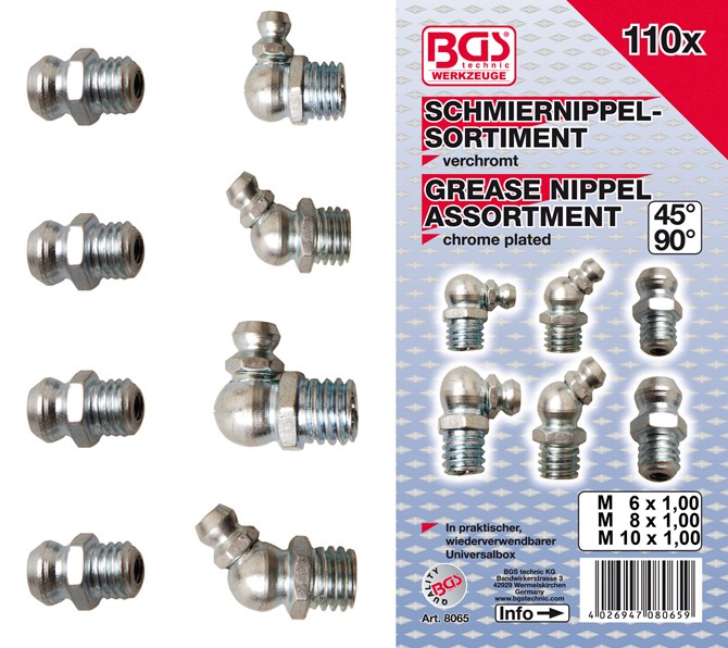 BGS Smørenippelsortiment lige-45-90G 6-8-10mm. 110 dele
