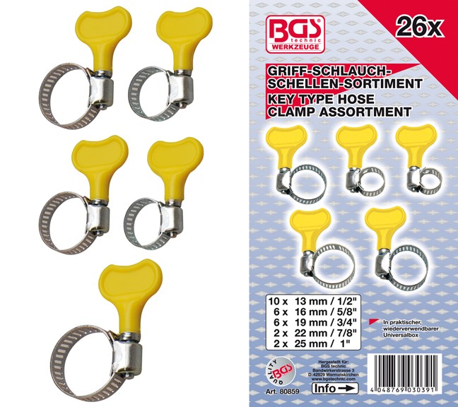 BGS Hose clamp assortment. 13-25mm with finger screw. 26 pcs.