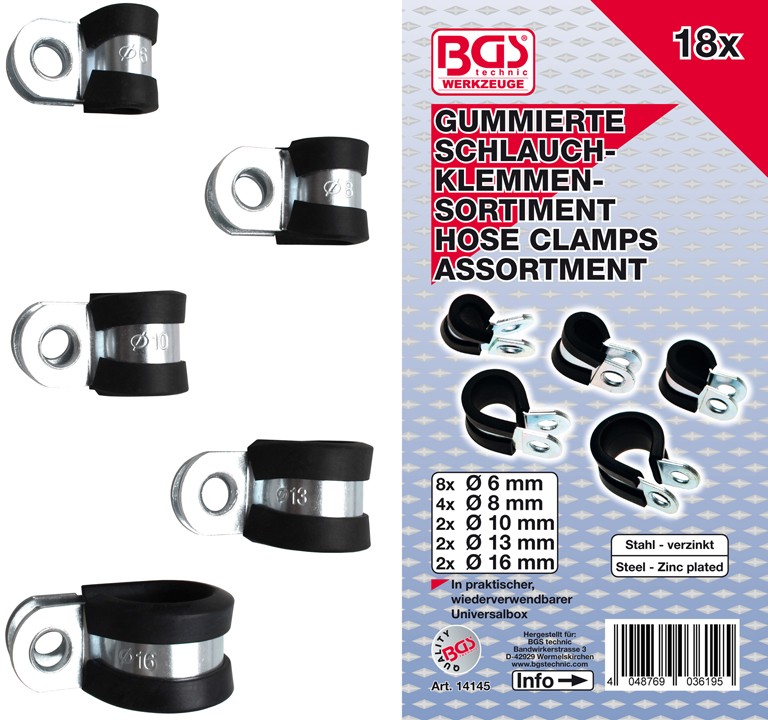 BGS Gummibelagt slangeklemmesortiment. 6-16mm. 18 dele