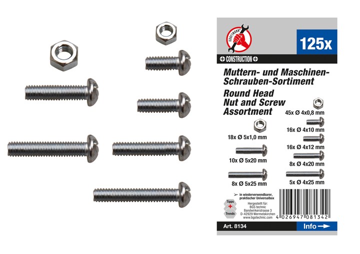 BGS Skrue/boltsortiment. 4-5mm. 125 dele