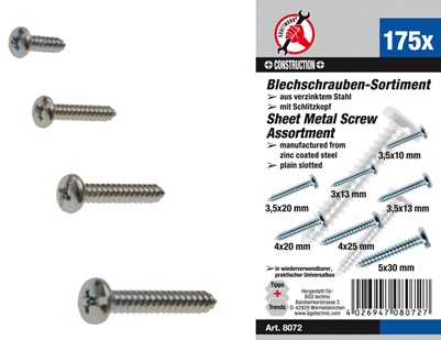 BGS Sheet metal screw assortment. 3-5mm. 175 pcs.