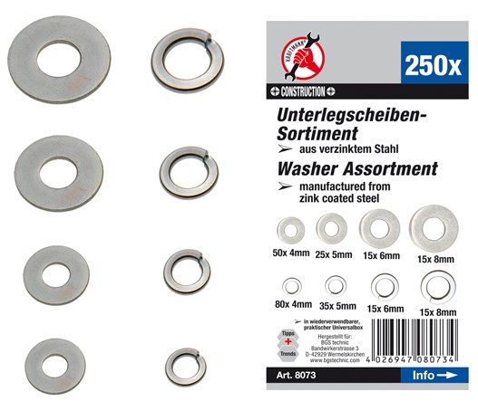BGS Spændeskivesortiment alm/fjeder. 4-5-6-8mm. 250 dele