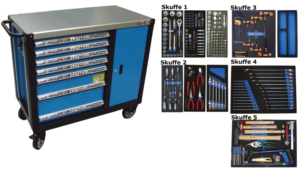BATO Verktygsvagn XXL med skåp - 7 lådor. 5 lådor med 231 delar verktyg. Modell 9147-231. Blå