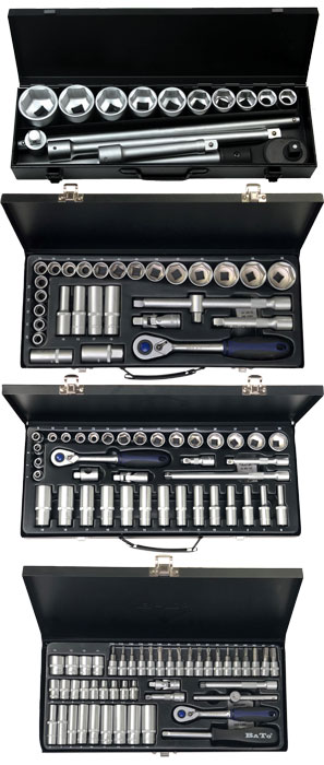 BATO Combi package. Socket set 22-50mm 3/4 ", socket set 10-36mm 1/2", socket set 6-24mm 3/8 ", socket set 4-14mm 1/4". 126 parts