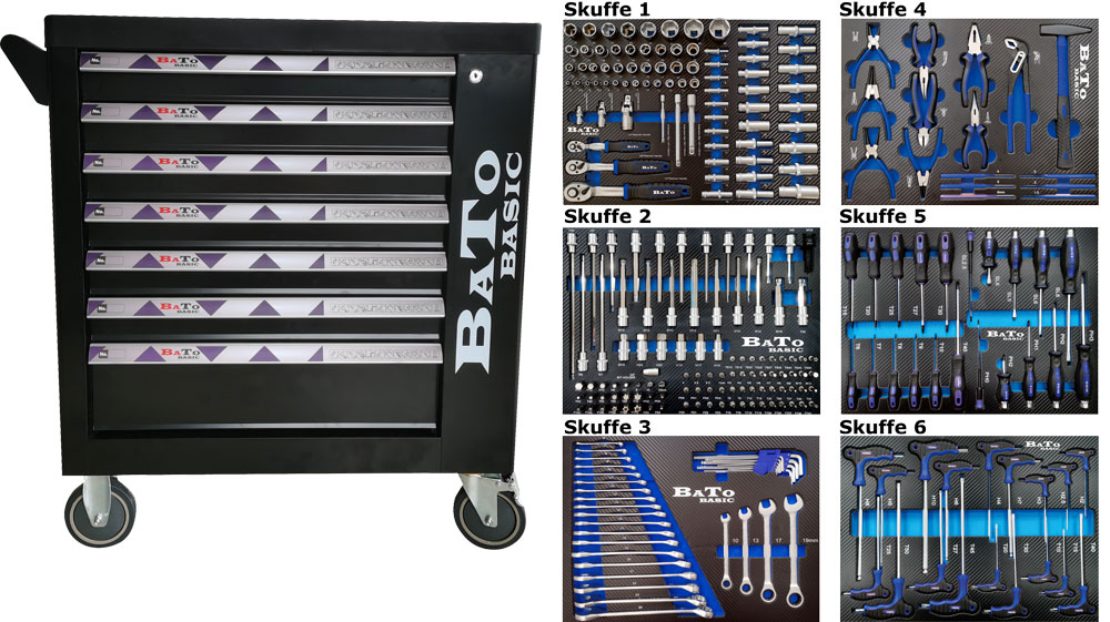 BATO BASIC verktygsvagn med 7 lådor och gavelskåp. 6 lådor med 270 verktygsdelar