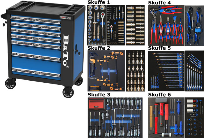 BATO Verktygsvagn med 7 lådor och gavelskåp. 340 verktygsdelar i 6 lådor. Modell 9132-340 blå