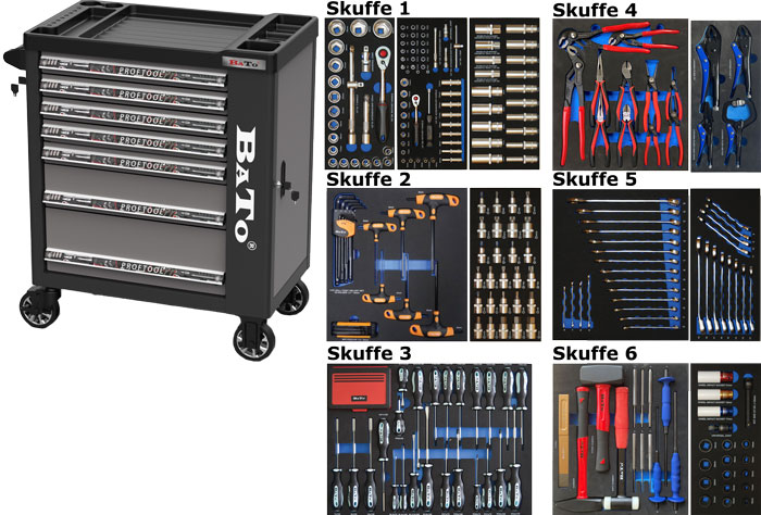 BATO Verktygsvagn med 7 lådor och gavelskåp. 340 verktygsdelar i 6 lådor. Modell 9114-340 grå