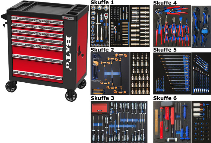 BATO Verktygsvagn med 7 lådor och gavelskåp. 340 verktygsdelar i 6 lådor. Modell 9112-340 röd