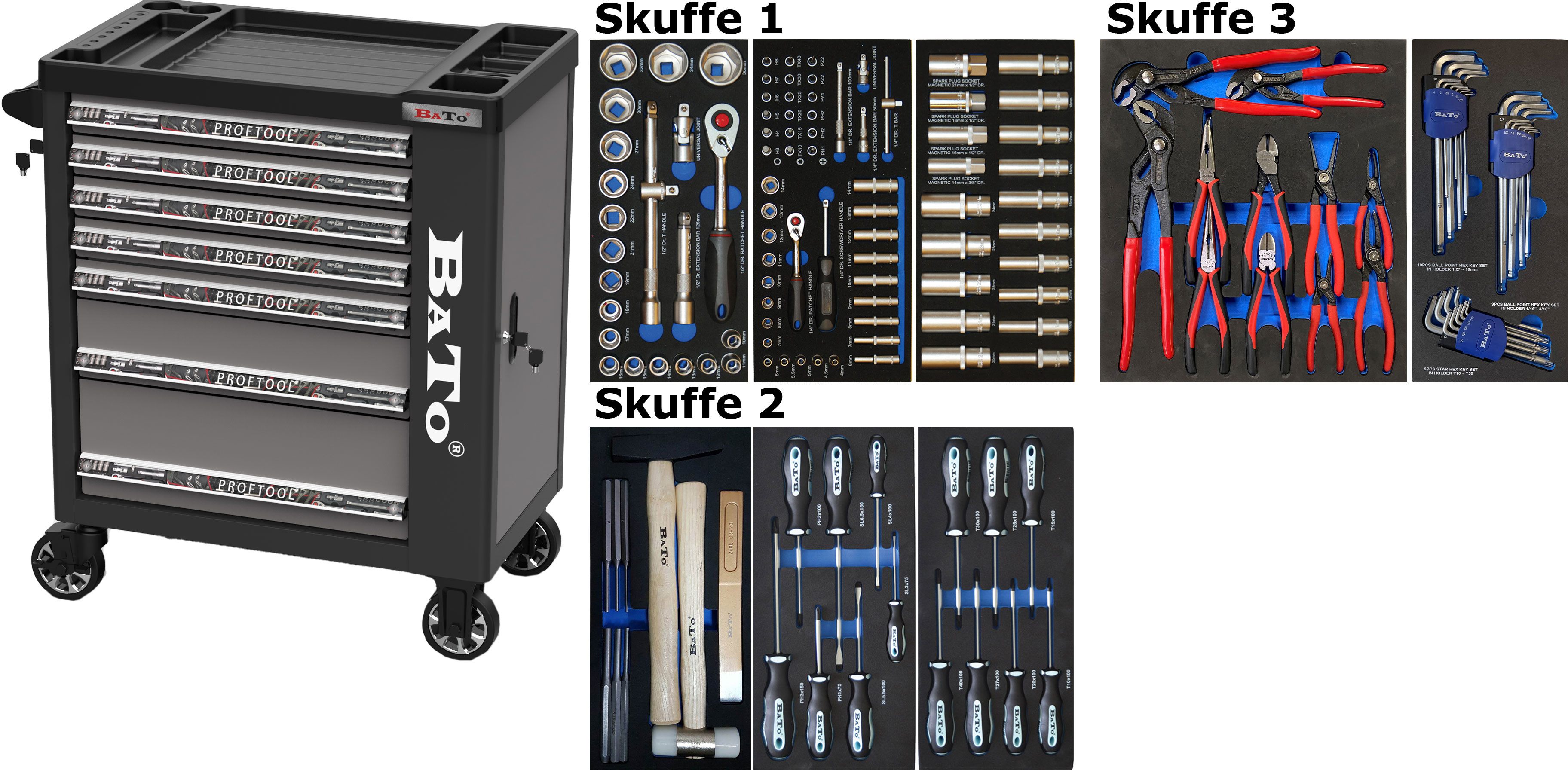 BATO Verktygsvagn med 7 lådor och gavelskåp. 157 verktygsdelar i 3 lådor. Modell 9114-157 grå