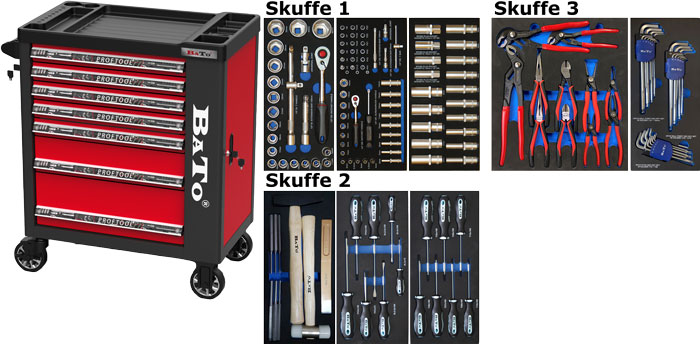 BATO Verktygsvagn med 7 lådor och gavelskåp. 157 verktygsdelar i 3 lådor. Modell 9112-157 röd