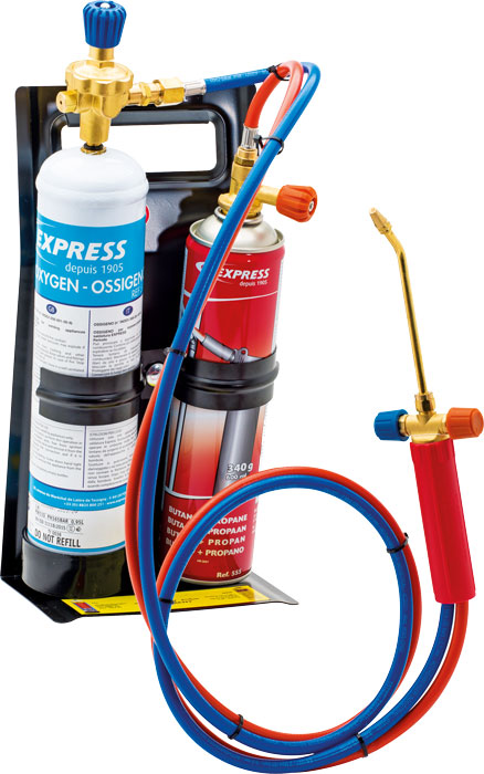 EXPRESS Welding system with bottle holder for butane/oil bottle. 2x1.5m hose/handle with 2 precision buttons. Flame temperature 2850G.