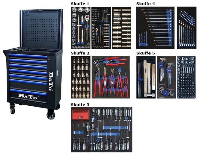 BATO Verktygsvagn med 7 lådor. Bluetooth-högtalare, gavelskåp och lyftpanel för 50kg. 5 lådor med 404 verktygsdelar. Modell 9118-404 Svart/blå