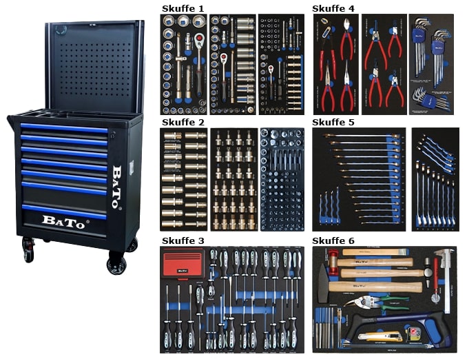 BATO Tool trolley with 7 drawers. Bluetooth speaker, end cabinet and lift panel for 50kg. 6 drawers with 468 tool parts. Model 9118-468 Black/blue