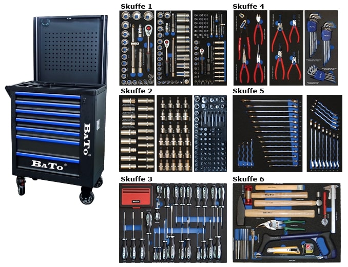 BATO Verktygsvagn med 7 lådor. Bluetooth-högtalare, gavelskåp och lyftpanel för 50kg. 6 lådor med 468 verktygsdelar. Modell 9118-468 Svart/blå