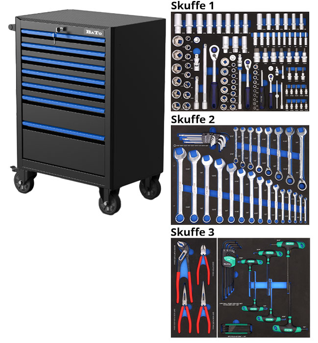 BATO Tool trolley INCHES with 7 drawers. 3 drawers with 156 parts tools. Model 9107-156T. Black