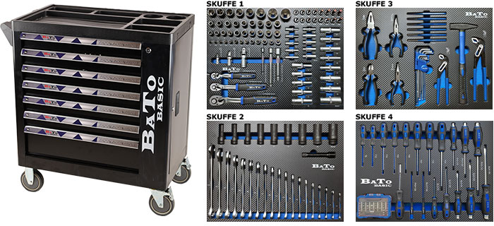 BATO BASIC værktøjsvogn med 7 skuffer og endeskab.  4 skuffer med 216 dele værktøj