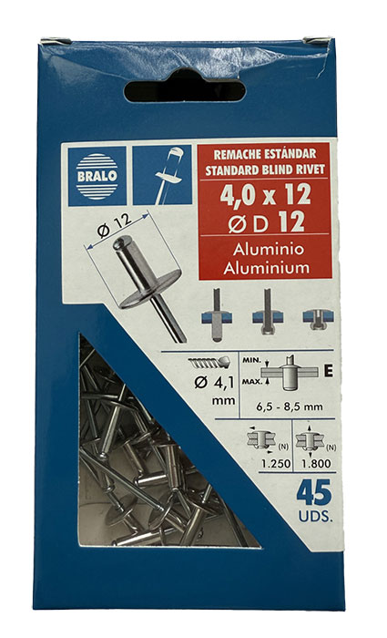 Bralo Blindnitte alu/stål 4,0 X 10mm. Stor krave Ø 12. 80 stk. pk.