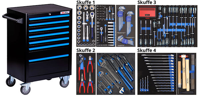 BATO Værktøjsvogn med 7 skuffer og 267 dele værktøj i 4 skuffer. Model 9106-267 sort